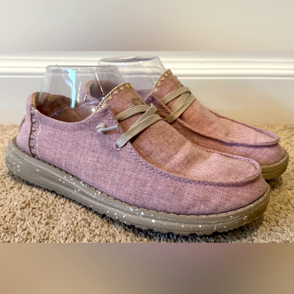 Like New Hey Dude Mauve Wendy Stretch Canvas Shoes w/ Polka-Dot Tan Sole - Picture 3 of 14